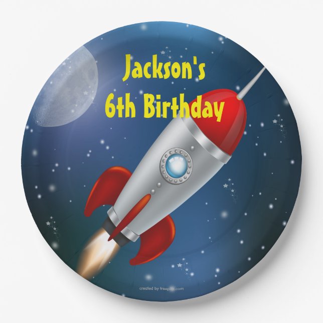 Spaceship, Moon Stars Birthday Party Paper Plates (Front)