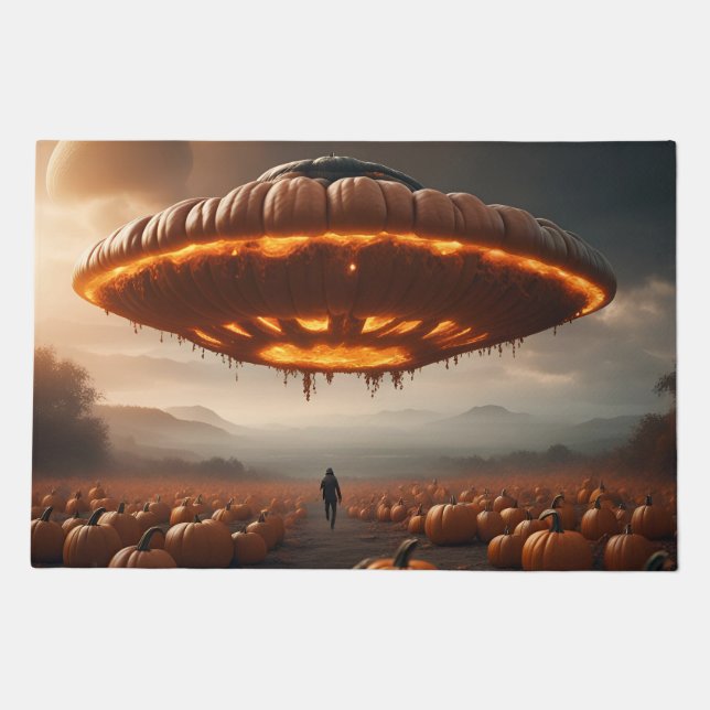 Spaceship On Planet Pumpkin Doormat (Front)