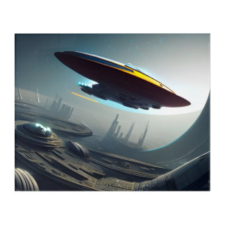 Spaceship over a Futuristic City Acrylic Print