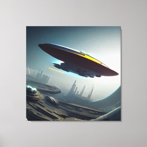 Spaceship over a Futuristic City Canvas Print