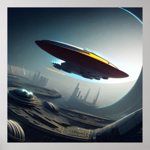 Spaceship over a Futuristic City Poster