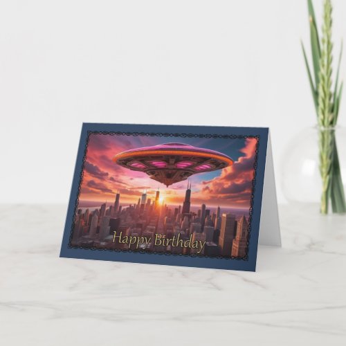 Spaceship Over Chicago Boys Birthday Card