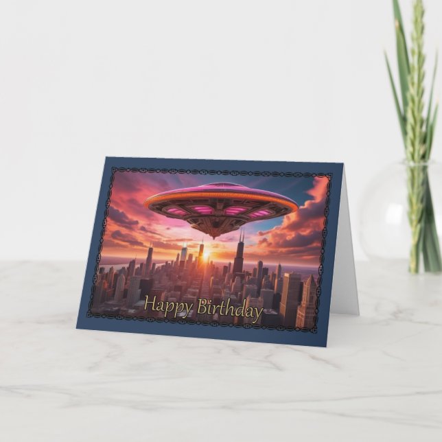 Spaceship Over Chicago Boy's Birthday Card (Front)