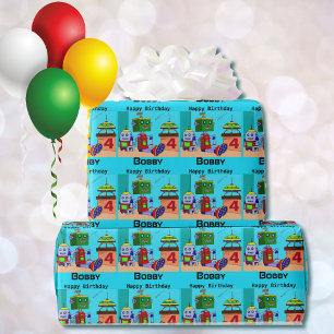 Spaceship Robots Birthday Boy's Personalize Name Wrapping Paper