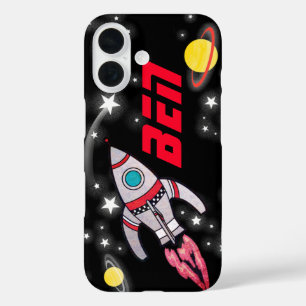 Spaceship rocket black and red kids iPhone 16 case