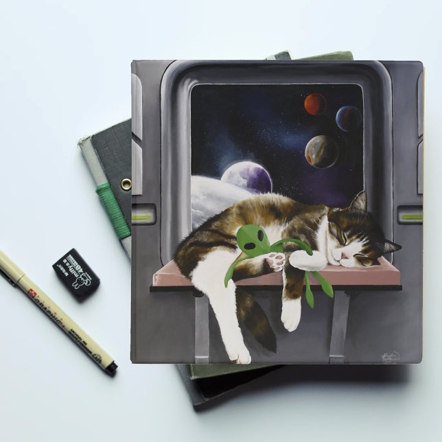 Spaceship Tabby Cat Green Alien Stuffie Sci-Fi 3 Ring Binder (Creator Uploaded)