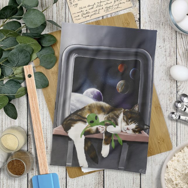 Spaceship Tabby Cat Green Alien Stuffie Sci-Fi Kitchen Towel (Creator Uploaded)