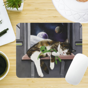 Spaceship Tabby Cat Green Alien Stuffie Sci-Fi Mouse Pad