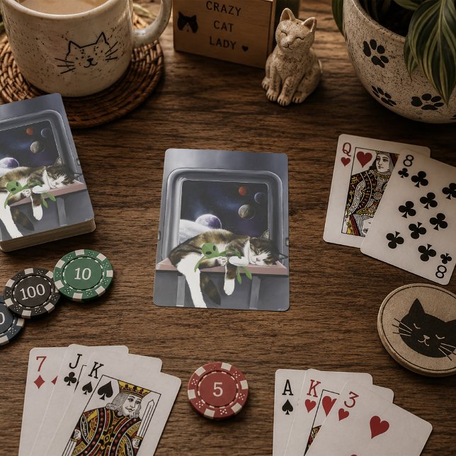 Spaceship Tabby Cat Green Alien Stuffie Sci-Fi Poker Cards (Creator Uploaded)