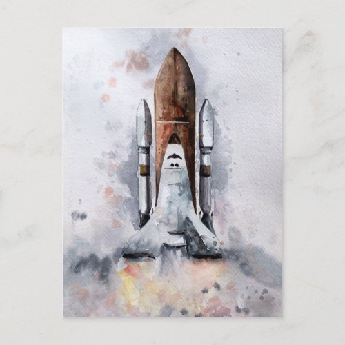 Spaceship Takeoff To Outer Space Watercolor Postcard