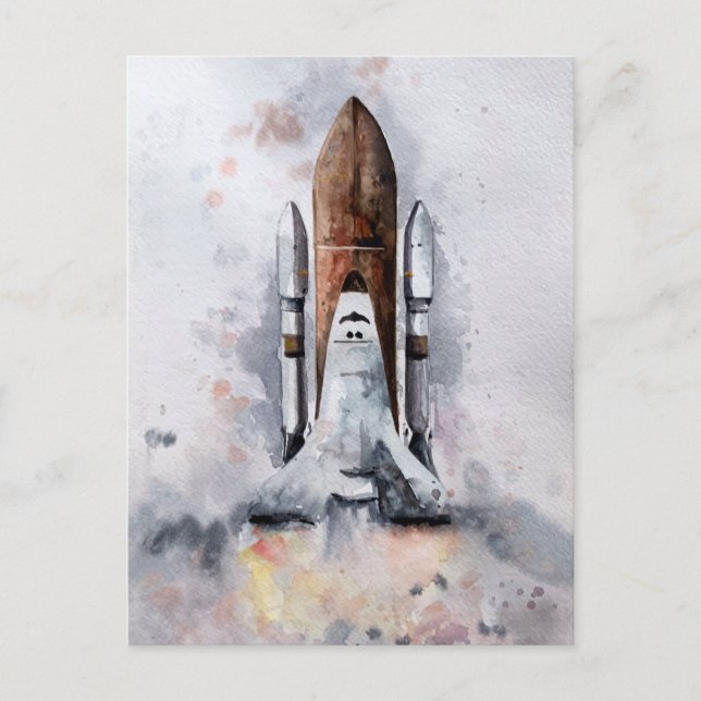 Spaceship Takeoff To Outer Space Watercolor Postcard (Front)