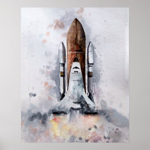 Spaceship Takeoff To Outer Space Watercolor Poster