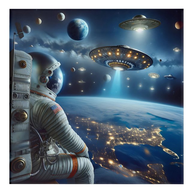 Spaceships and an Astronaut in Outer Space Acrylic Print (Front)
