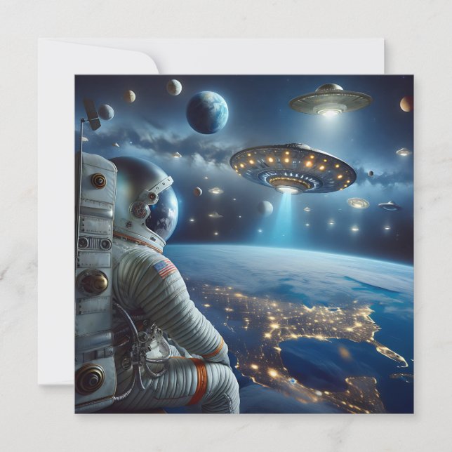 Spaceships and an Astronaut in Outer Space Card (Front)