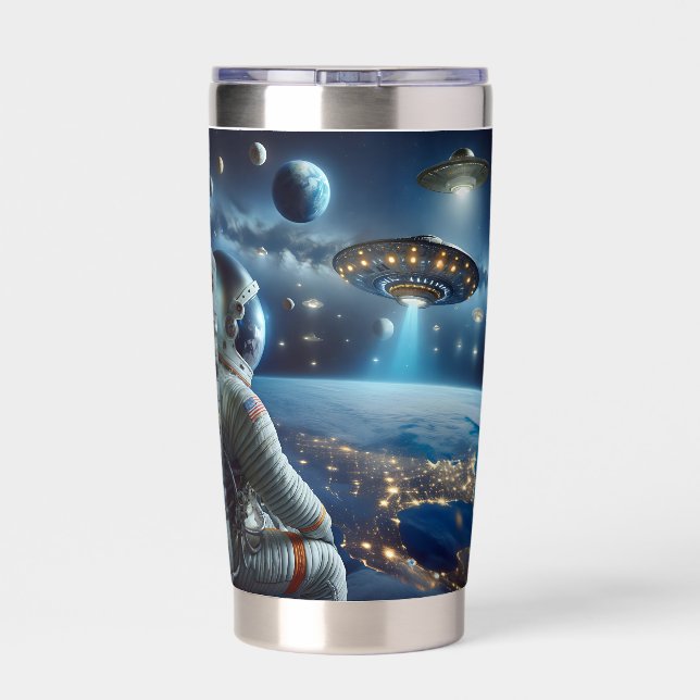 Spaceships and an Astronaut in Outer Space Insulated Tumbler (Back)