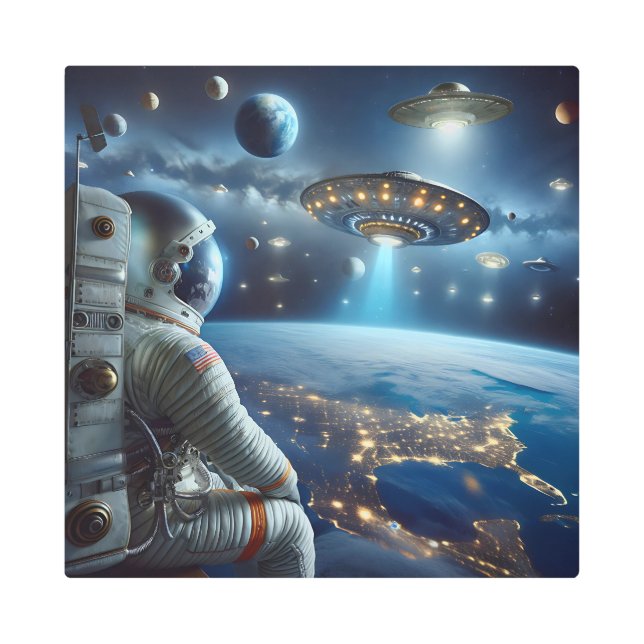 Spaceships and an Astronaut in Outer Space Metal Print (Front)