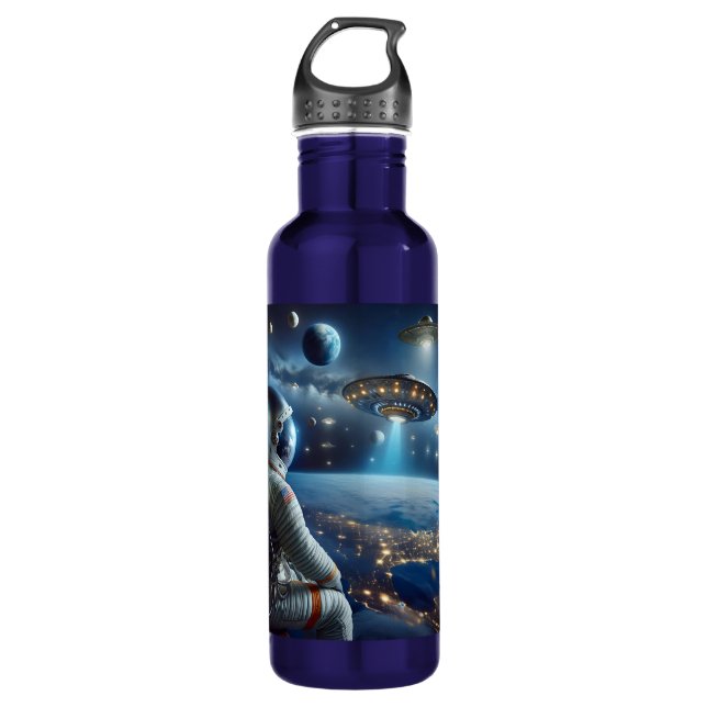 Spaceships and an Astronaut in Outer Space Stainless Steel Water Bottle (Front)