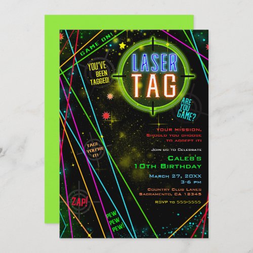 Spacey Cosmic Lights Laser Tag Birthday Party Invitation