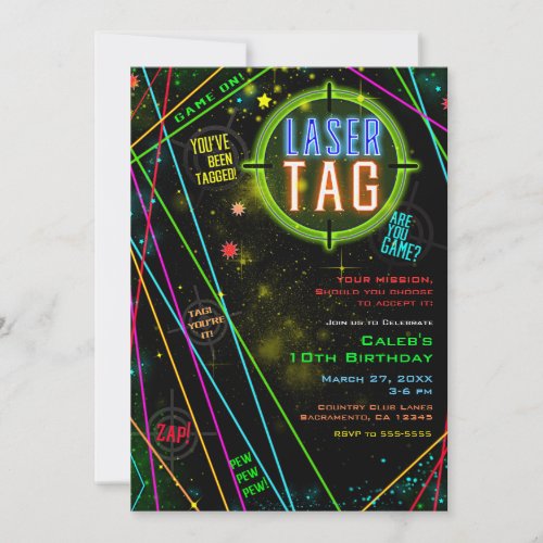 Spacey Cosmic Lights Laser Tag Birthday Party Invitation