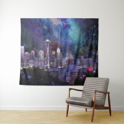 Spacey Seattle Skyline Tapestry