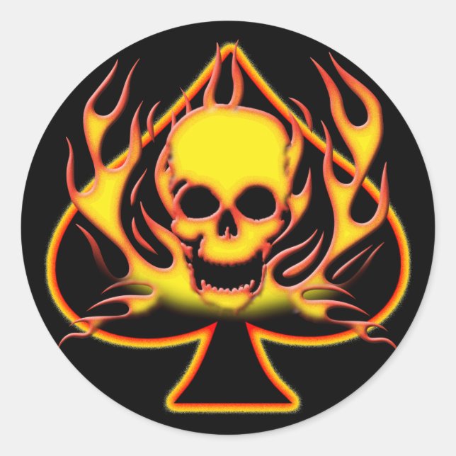 SPADE, SKULL AND FLAMES CLASSIC ROUND STICKER (Front)