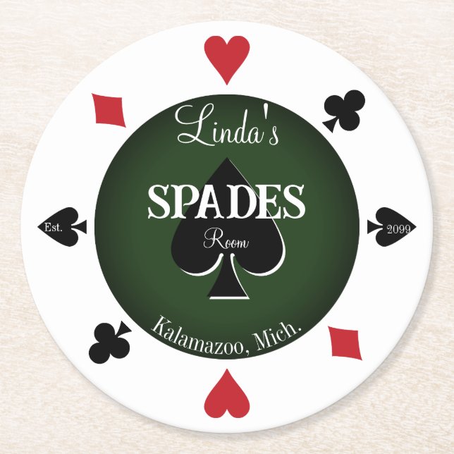 Spades Card Game Room Round Paper Coasters (Front)