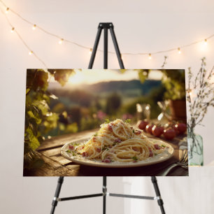 Spaghetti alla Carbonara on Wooden Garden Table Foam Board