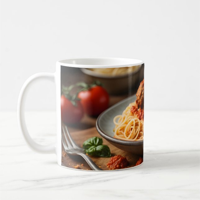 Spaghetti and meatballs on plate coffee mug (Left)