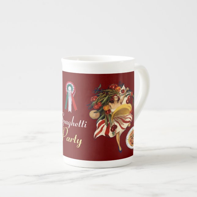 SPAGHETTI PARTY DANCE,ITALIAN KITCHEN AND TOMATOES BONE CHINA MUG (Front Right)