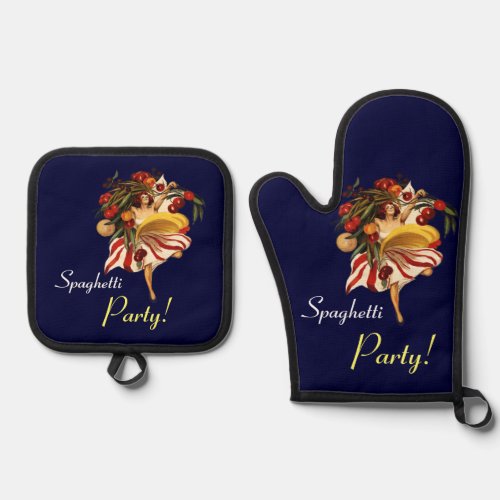 SPAGHETTI PARTY DANCEITALIAN KITCHEN AND TOMATOES OVEN MITT  POT HOLDER SET