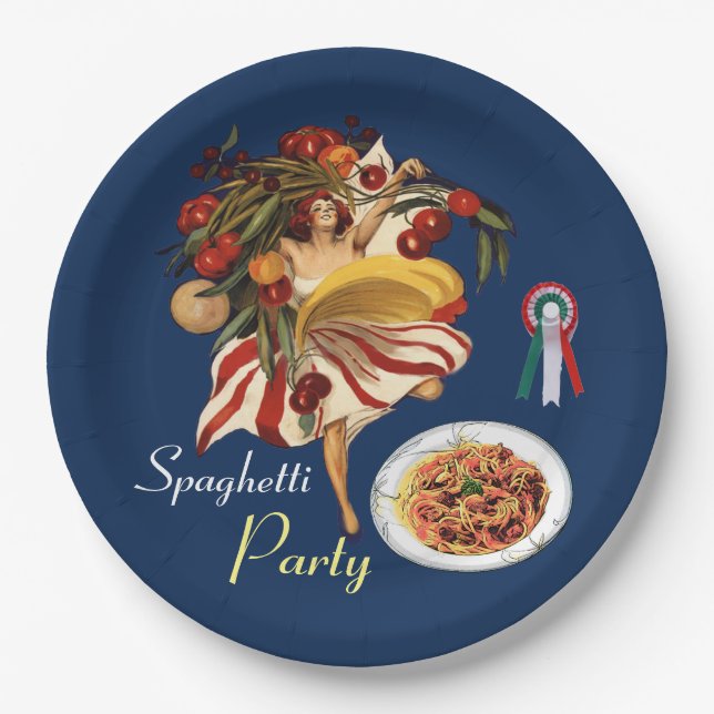 SPAGHETTI PARTY DANCE,ITALIAN KITCHEN AND TOMATOES PAPER PLATES (Front)