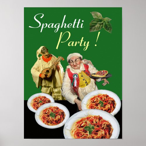 SPAGHETTI PARTY Italian Chef and Pulcinella Green Poster