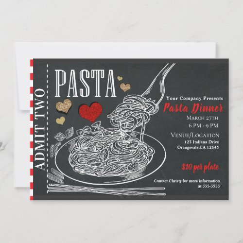 Spaghetti Pasta Chalk Rustic Valentines Dinner Invitation