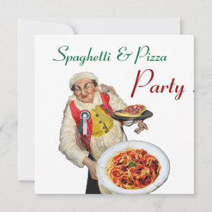 SPAGHETTI & PIZZA PARTY,ITALIAN KITCHEN red white Invitation
