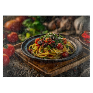 Spaghetti Puttanesca with Fresh Tomatoes and Olive Cutting Board
