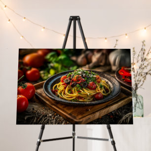 Spaghetti Puttanesca with Fresh Tomatoes and Olive Foam Board