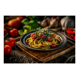 Spaghetti Puttanesca with Fresh Tomatoes and Olive Poster