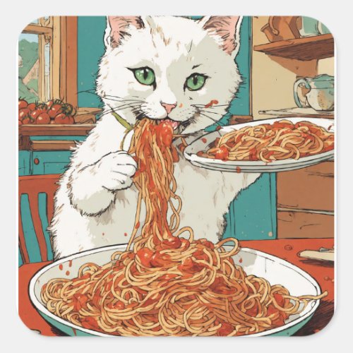 Spaghetti Supper with Snowball A White Cat Square Sticker