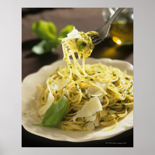 Spaghetti with basil and parmesan on plate, poster (Front)