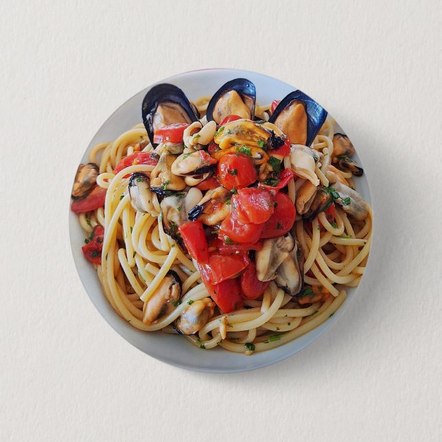 Spaghetti with Mussels & Cherry Tomatoes Food Butt Button (Front)