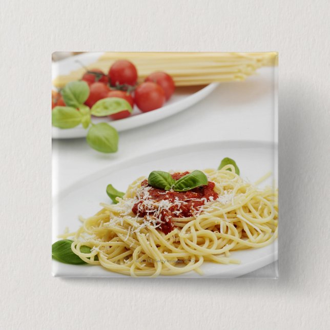 Spaghetti with tomato sauce and basil pinback button (Front)