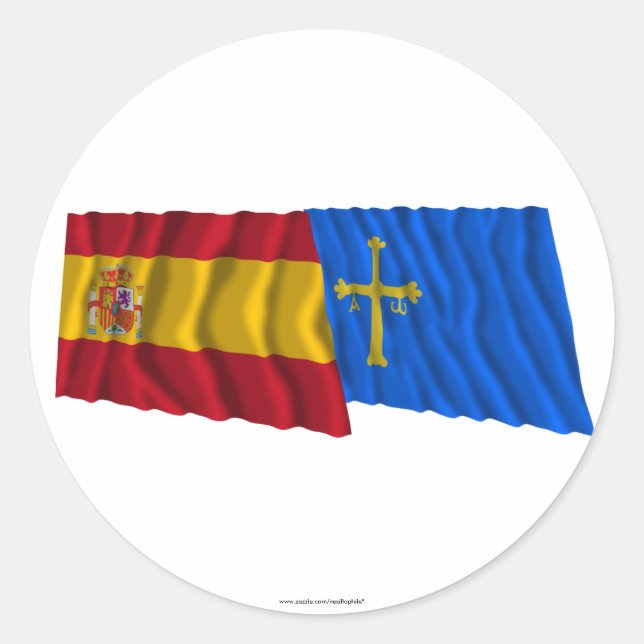 Spain and Asturias waving flags Classic Round Sticker (Front)