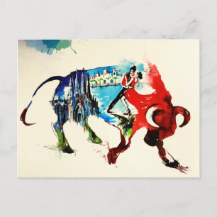 Spain Bull Vintage Travel Love Watercolor Postcard