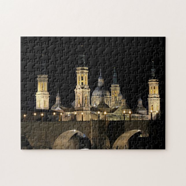 Spain Cathedral at Night | Dark Bridge Light Photo Jigsaw Puzzle (Horizontal)