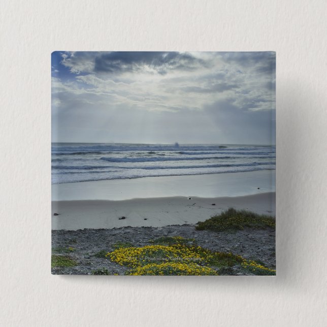 Spain Coastline with Yellow Flowers and Sun Beams Pinback Button (Front)