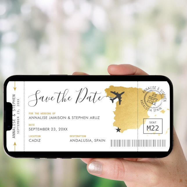 Spain Destination Boarding Pass Save the Date Gold Invitation (Front Digital)
