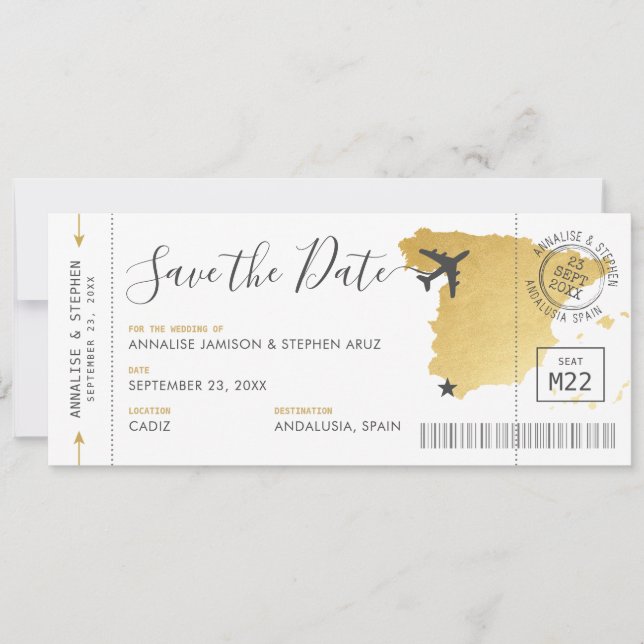 Spain Destination Boarding Pass Save the Date Gold Invitation (Front)
