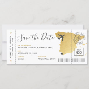 Spain Destination Boarding Pass Save the Date Gold Invitation