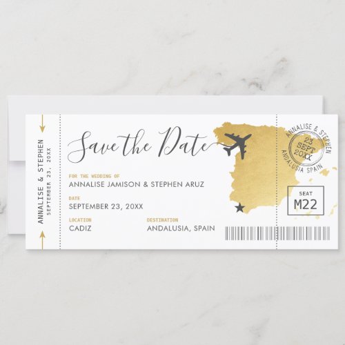 Spain Destination Boarding Pass Save the Date Gold Invitation