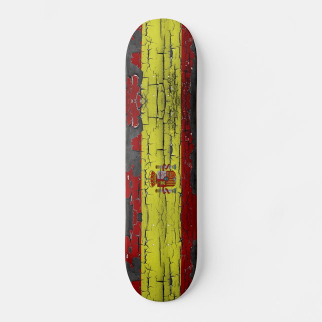 Spain flag on disstressed paint skateboard deck (Front)